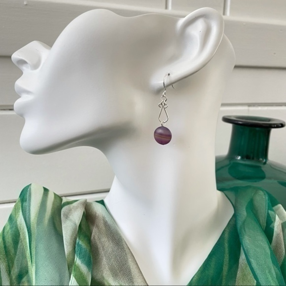 2/$29 Handmade Purple Swirl Glass Bead Dangle Earrings Hand-turned Wire Links - Picture 2 of 4